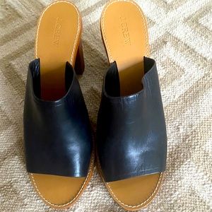 J Crew Open Toe Black Leather Mules Heel